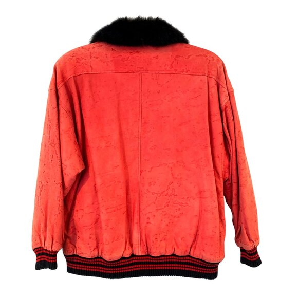 Guy Laroche Vintage Red Suede Bomber Jacket Black Fur Collar Embroidered Logos - Picture 10 of 12